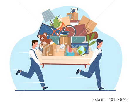 Two male movers carry couch with cardboard boxes, flower, pictures and books, fast moving service. Transportation and relocation company. Cartoon characters flat isolated vector concept 101630705