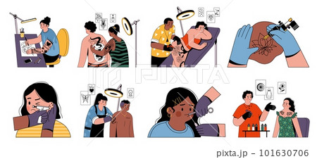 Tattoo artists work. Professional tattooists with clients, body ink, beautiful people, piercing master, modern cartoon flat characters. Drawing on skin creating process tidy vector set 101630706