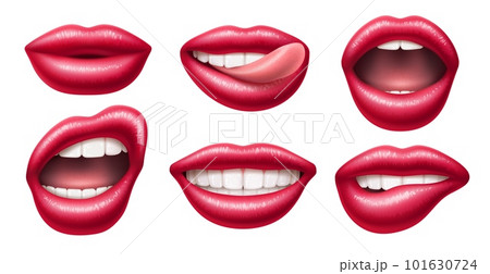Realistic female lips. Gloss mouths with bright lipstick, 3d isolated body part, different expressions, tongue and white teeth, sticking out tongue, woman beauty red cosmetic utter vector set Realistic female lips. Gloss mouths with bright lipstick, 3d isolated body part, different expressions, tongue and white teeth, sticking out tongue, woman beauty red cosmetic utter vector set 101630724