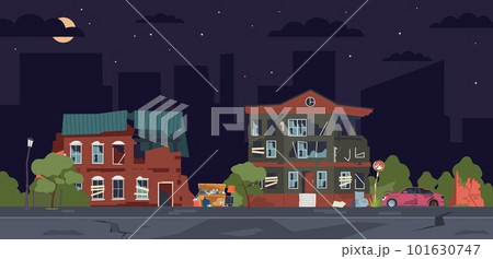 Night landscape of ghetto, slums, area of city with dirty shacks, ruined houses. Broken or abandoned city constructions. Damage of war or earthquake. Cartoon flat illustration. Vector concept Night landscape of ghetto, slums, area of city with dirty shacks, ruined houses. Broken or abandoned city constructions. Damage of war or earthquake. Cartoon flat illustration. Vector concept 101630747