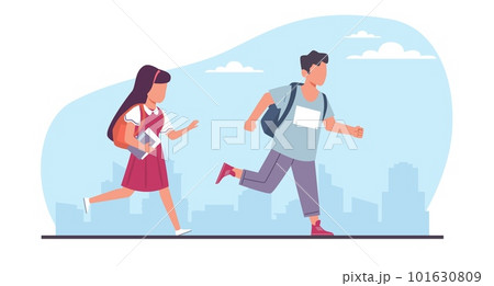 Boy and girl students are late to school for class. Children running with backpack, joyful hurrying pupils, hasten character active pose, cartoon flat style isolated illustration. Vector concept 101630809