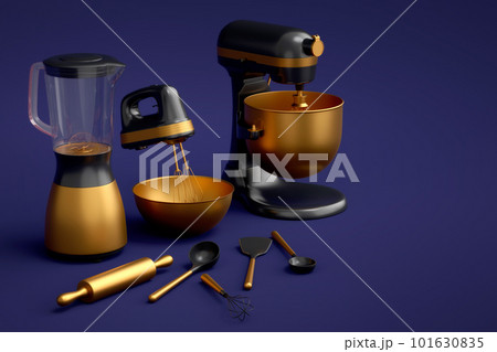 Mixer with kitchen utensil for preparation of dough on blue background 101630835