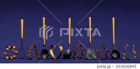 Set of metal cookie cutters and wooden kitchen utensils on blue background 101630845
