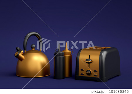 Toaster, kettle with kitchen utensil for preparation of breakfast on blue 101630846