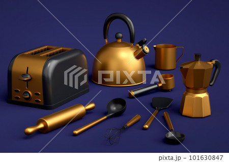 Toaster, kettle with kitchen utensil for preparation of breakfast on blue 101630847