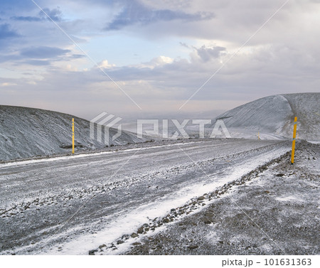 Winter coming. Mountain views along the Kjolur Highland Gravel Road F35, Iceland, Europe. Autumn snowstorm beginning. Winter coming. Mountain views along the Kjolur Highland Gravel Road F35, Iceland, Europe. Autumn snowstorm beginning. 101631363