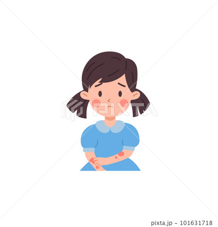 Sad kid girl with atopic dermatitis rash on hands flat style 101631718