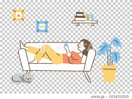 A woman lying on the sofa and looking at a smartphone_color 101632050