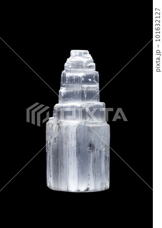 Macro mineral stone Selenite Gypsum on a black background Macro mineral stone Selenite Gypsum on a black background 101632127