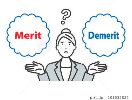 Merit / Demerit：メリットとデメリットを比べて悩む若いビジネスウーマン 101632883