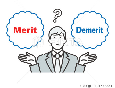 Merit / Demerit：メリットとデメリットを比べて悩む若いビジネスマン 101632884