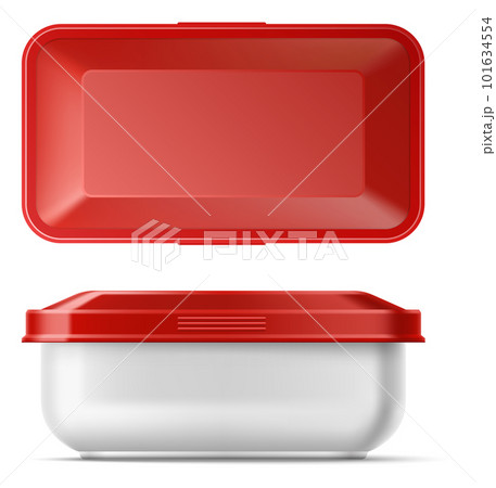 Realistic food container. Plastic product box with red cap. Home meal storage packaging mockup. White jar. Square pot. Top and side view. Snack pack. Vector isolated reusable package 101634554