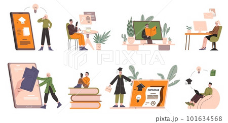 Online education scenes. People study remotely through applications or websites. Diploma obtaining. Distant examination. Graduation certificates. Internet library. Vector e-learning set 101634568