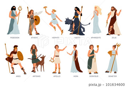 Greek pantheon. Gods and goddesses. Ancient mythology. Cartoon devine characters. Hephaestus and Demeter. Antique paganism religion. Zeus and Apollo. Garish vector Greece deities set 101634600