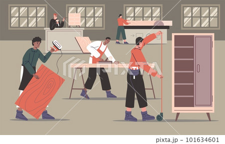 Furniture assembly. Carpentry shop workers. Wood processing. Woodworking manufacture process. Men making interior objects. People are sawing and drilling timber planks. Vector concept Furniture assembly. Carpentry shop workers. Wood processing. Woodworking manufacture process. Men making interior objects. People are sawing and drilling timber planks. Vector concept 101634601