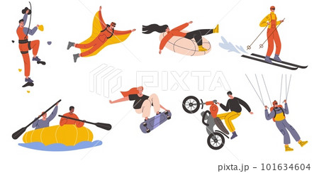 Extreme sport. People looking for thrills. Dangerous activities types. Adrenaline rush. Skydiving or skateboarding. Ski race. Motorsport or mountaineering. Adventurous persons vector set 101634604