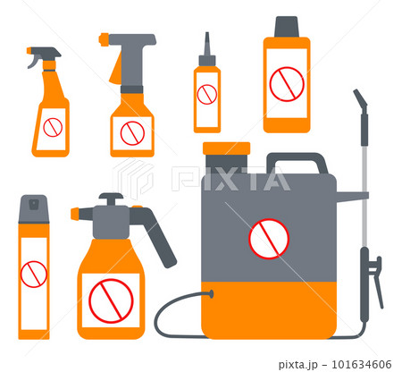 Disinfection service. Disinfecting detergent or pesticide spray bottles. Sanitary professional equipment. Pest control. Repellent aerosol. Chemical insecticide. Isolated sprayers vector set 101634606