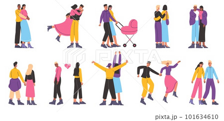 Couples walk together. Guys and girls holding hands. Cuddling cute beloved people. Romantic relationships. Happy partners with baby pram. Man and woman dating. Vector young lovers set 101634610