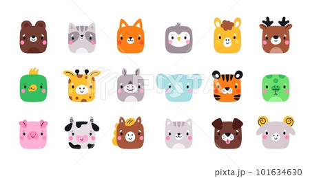 Cartoon animal square faces. Cute muzzles. Mobile applications icons. Happy bear and raccoon. Funny fauna characters. Dog pet. Elephant and penguin bird. Garish vector mammals heads set 101634630