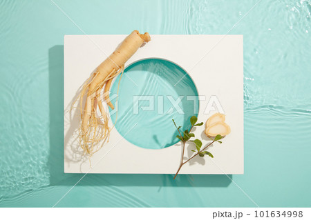 Geometric white empty podium to display cosmetics with ginseng extract on surface water background. Top view, flat lay. 101634998
