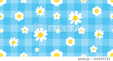daisy flower seamless pattern vector tartan plaid checked gift wrapping paper cartoon tile background repeat wallpaper scarf isolated doodle illustration design 101635535