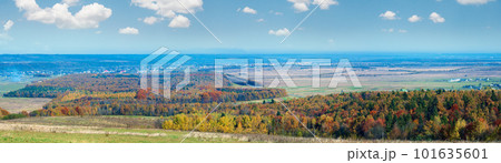Misty morning autumn panorama and villages (Bogorodchany District, Ivano-Frankivsk Region, Ukraine) 101635601