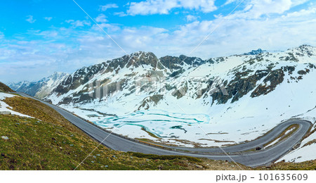 Road in summer Alps mountain and frozen lake (Austria). Panorama. 101635609