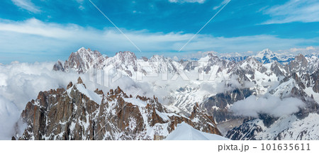 Mont Blanc rocky mountain massif summer view from Aiguille du Midi Mount, Chamonix, French Alps 101635611