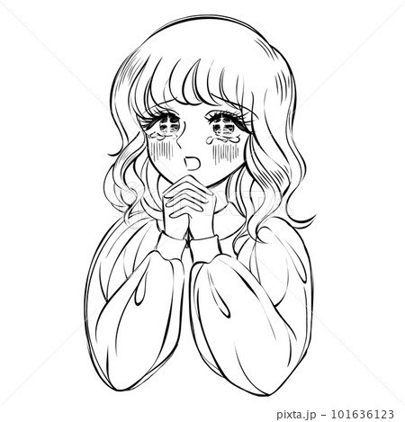 手描き風少女漫画ベクター線画イラスト・お願いポーズのイラスト素材