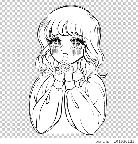 手描き人物線画イラスト 手描き風少女漫画ベクター線画イラスト・お願いポーズのイラスト素材