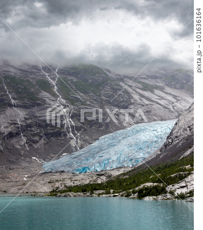 Summer overcast view to Nigardsbreen Glacier, Jostedal, Norway 101636164