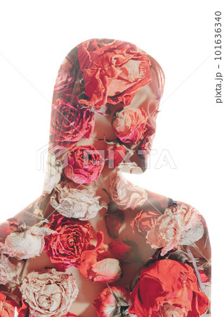 Aroma therapy. Nature beauty. Organic herbal cosmetology. Double exposure portrait of pink rose flowers petals woman face silhouette on white. 101636340