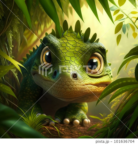 An image of baby dinosaur in the jungle. Generative AI 101636704