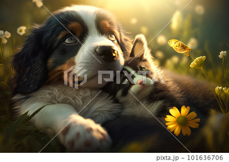 Bernese mountain dog and kitten laying in the grass. Generative AI 101636706