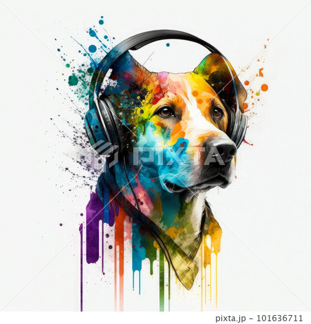 Dog wearing headphones with colorful paint...のイラスト素材