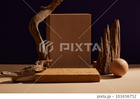 Standing stone podium and woods, tree branches, wooden ball. Blank space for cosmetic product promotion 101636752