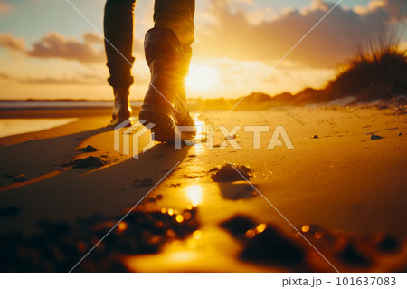 Person walking on beach with the sun setting in the background and the sand in the foreground. Generative AI 101637083
