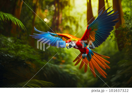 Colorful parrot flying in the air over forest filled with palm trees. Generative AI 101637322