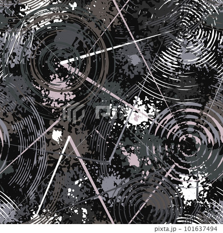 Abstract gray camouflage pattern with splattered paint, paint brush strokes, circles, concentric circular shapes like target. For apparel, fabric, textile, sport goods Grunge texture 101637494