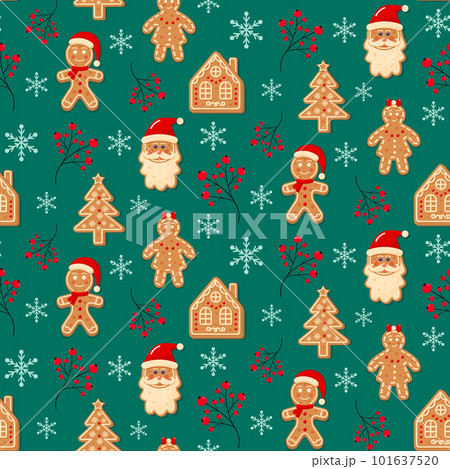 Seamless pattern with Christmas gingerbreads, snowflakes and winter berries. Xmas homemade biscuits in shape of gingerbread man, woman, house,fir tree, Santa Claus on dark green background. 101637520