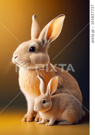 Couple of rabbits sitting next to each other on top of table. Generative AI 101637737
