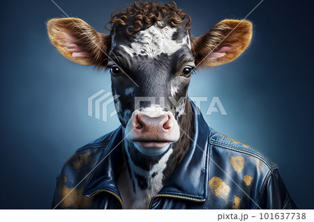 Close up of cow wearing leather jacket with blue background. Generative AI 101637738