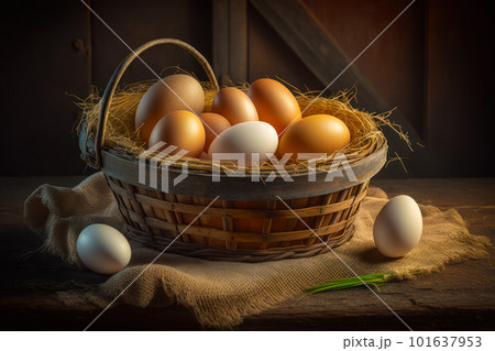 Basket of eggs sitting on top of table next to knife. Generative AI 101637953