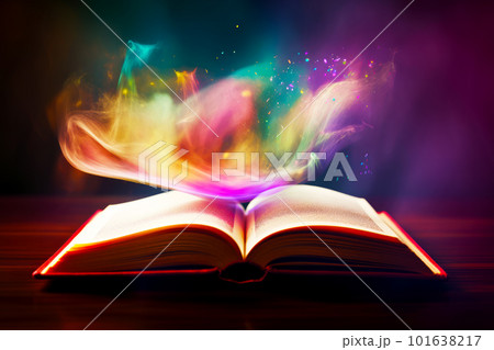Open book on table with colorful light coming out of it. Generative AI 101638217