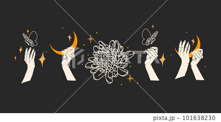 Hand drawn vector abstract graphic illustration with logo elements collection set,magic crescent,butterfly,flowers,moon and human hands white silhouettes,isolated. Mystical butterfly design concept. Hand drawn vector abstract graphic illustration with logo elements collection set,magic crescent,butterfly,flowers,moon and human hands white silhouettes,isolated. Mystical butterfly design concept. 101638230