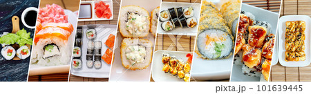 Collage with Sushi rolls japanese food. Photo banner. Horizontal format 101639445
