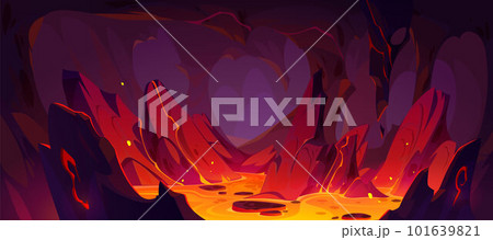 Game background of hell with lava in rock cave 101639821