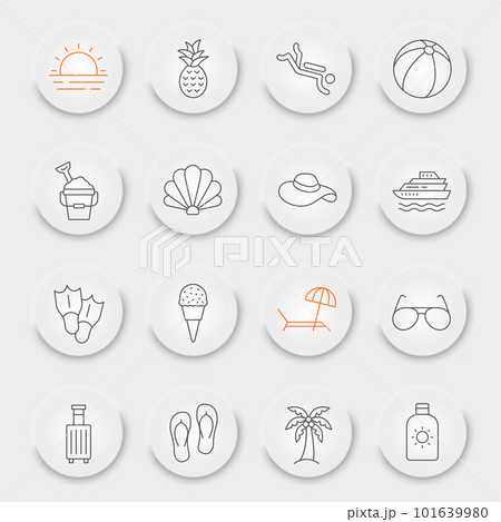 Summer line icon set, travel symbols collection, vector sketches, neumorphic UI UX buttons, beach icons, tourism signs linear pictograms Summer line icon set, travel symbols collection, vector sketches, neumorphic UI UX buttons, beach icons, tourism signs linear pictograms 101639980