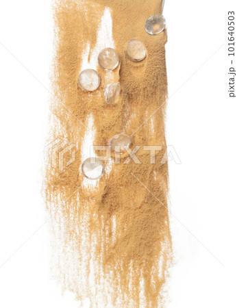 Diamond crystal fly splashing in mid air. Diamond precious stone explosion flying with sand powder dust under dry sun. White background isolated high speed shutter freeze motion Diamond crystal fly splashing in mid air. Diamond precious stone explosion flying with sand powder dust under dry sun. White background isolated high speed shutter freeze motion 101640503