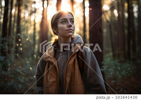 A woman standing in the middle of a forest. AI generative image 101641430